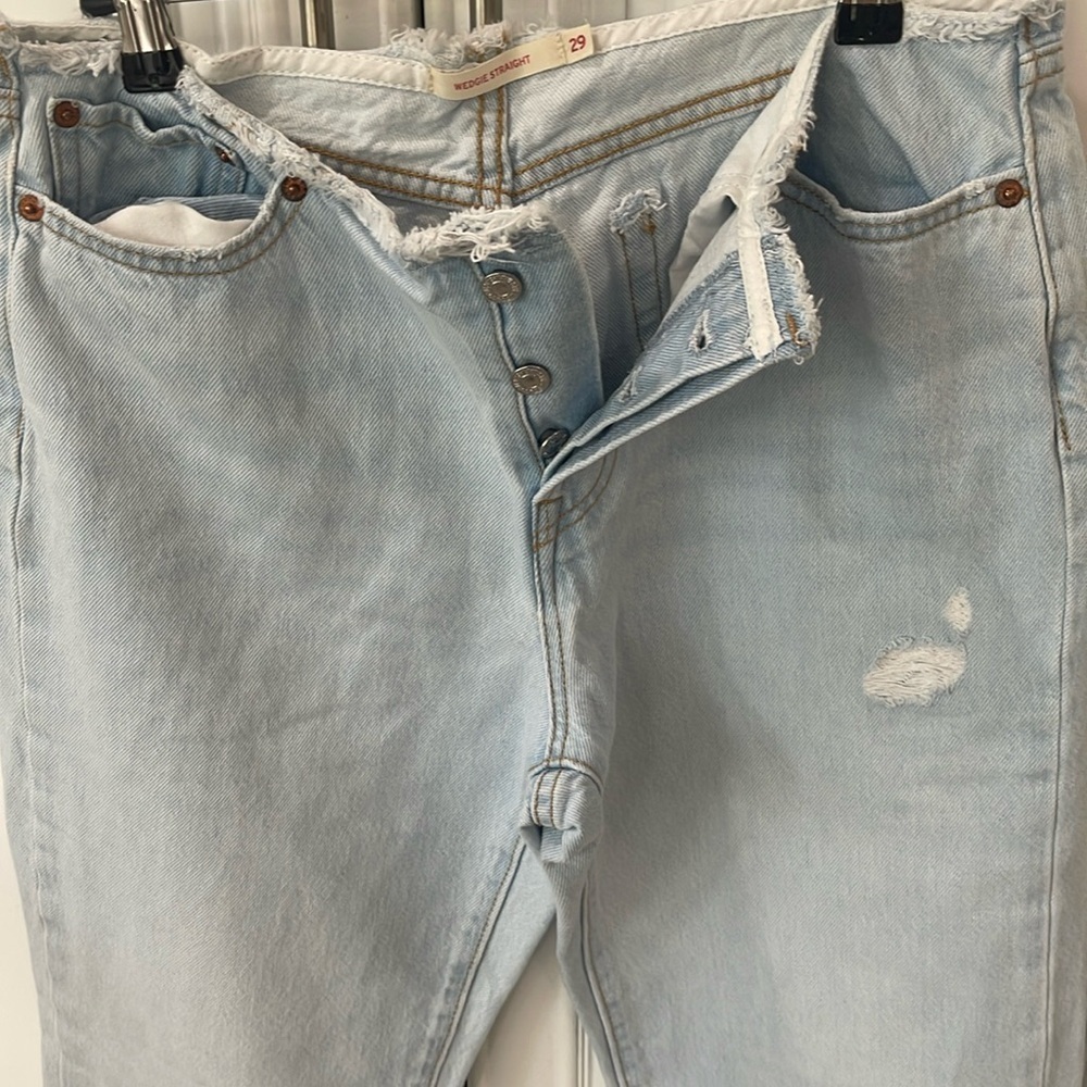 Levis Jeans Wedgie Straight No Waistband light wash raw hem button fly sz 29 - Picture 5 of 17